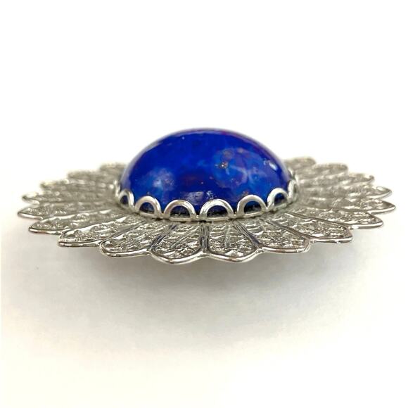 Mid Century Filigree Brooch Silver Tone Domed Blue Glass Cabochon Floral Pin - Picture 4 of 9